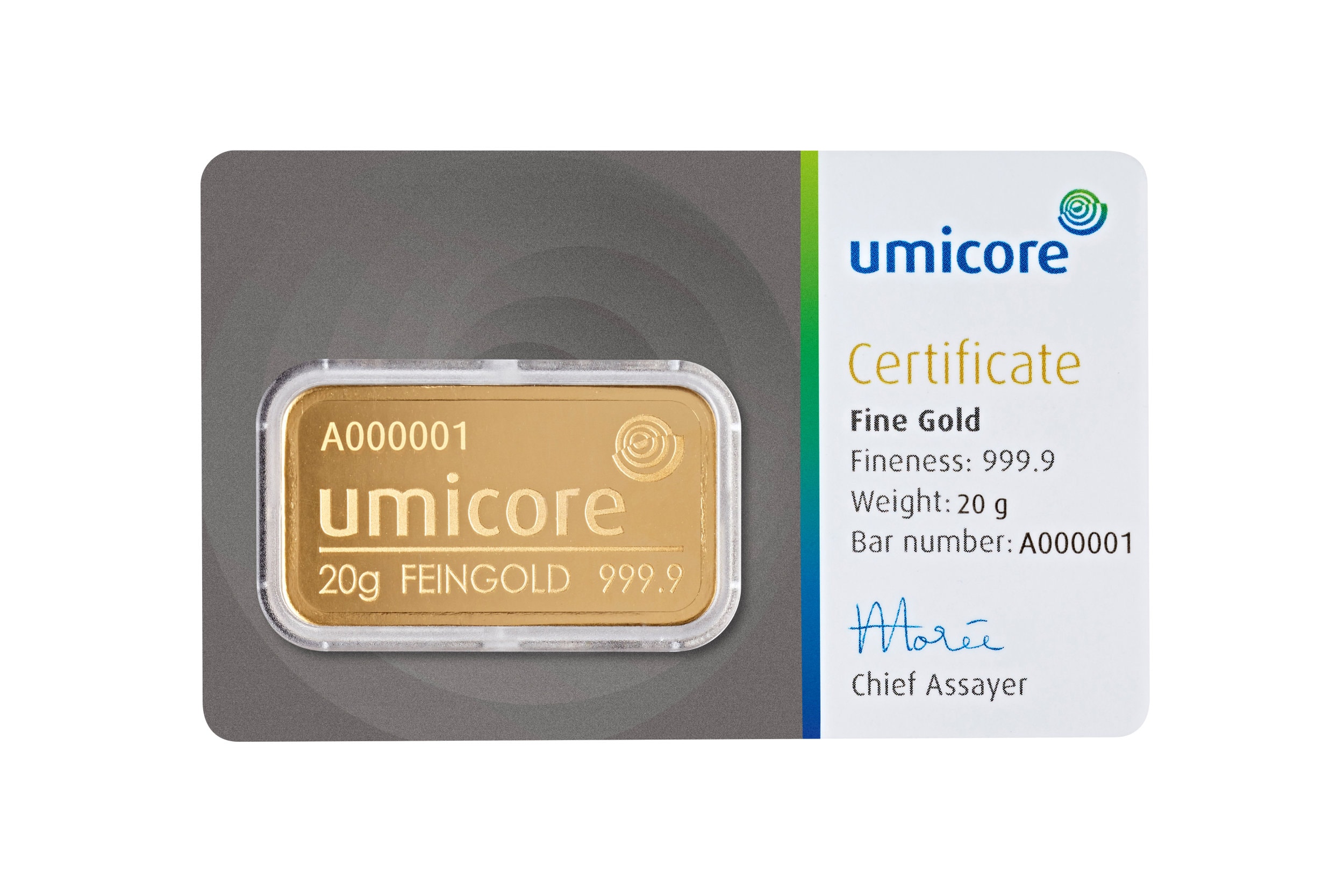 Ontwerp van Umicore goudbaar 20 gram