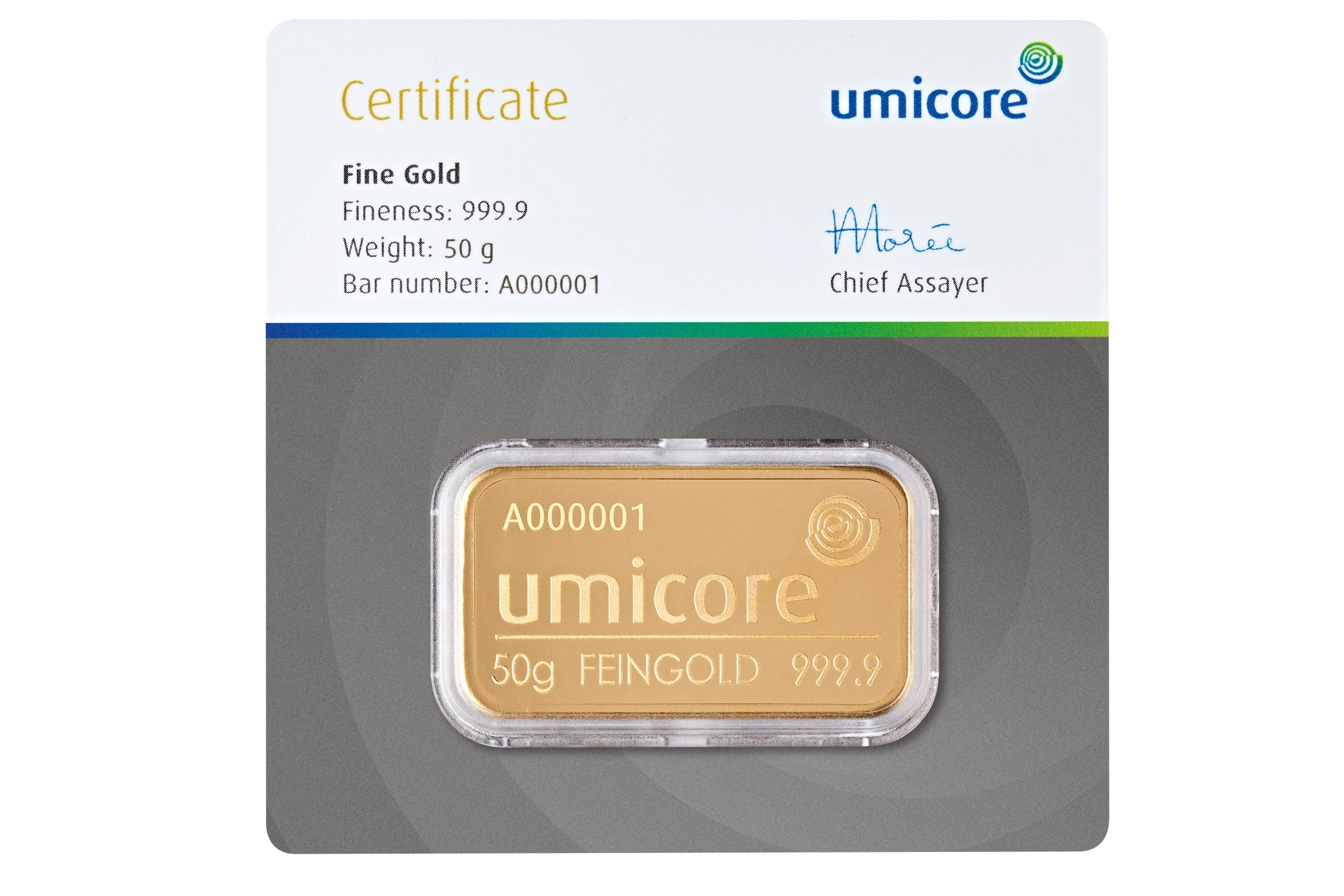 Ontwerp van Umicore goudbaar 50 gram